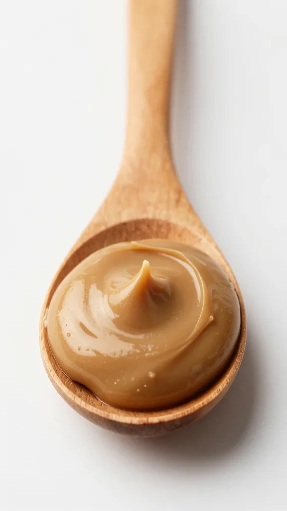 single wooden spoon piled with almond butter, studio lighting