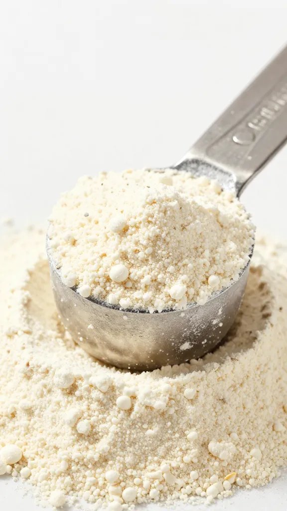 closeup scoop of vanilla protein powder on stainless measuring scoop