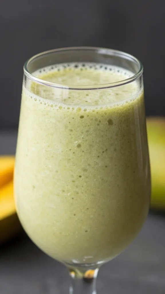 closeup kiwi mango smoothie in clear tulip glass
