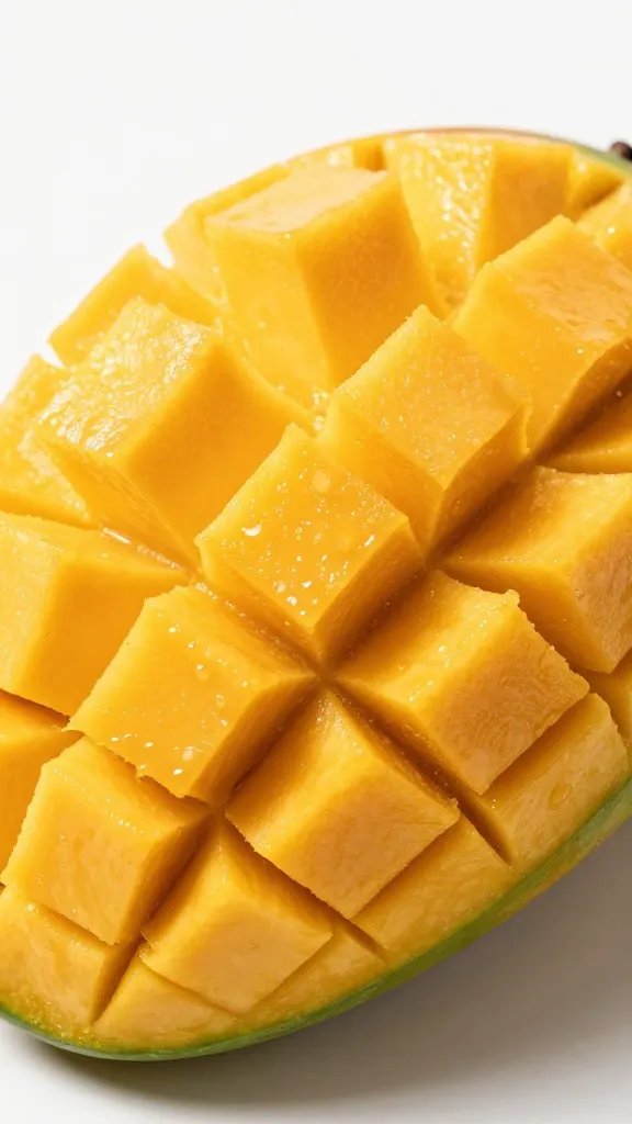 single ripe mango half with cubed flesh, macro shot