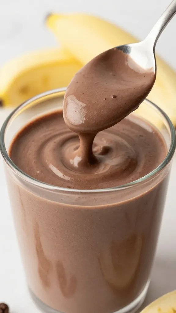 spoon scooping creamy chocolate banana smoothie, shallow depth