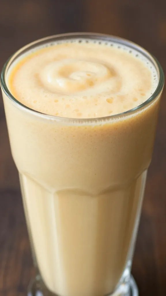 closeup of orange banana cream smoothie in clear glass