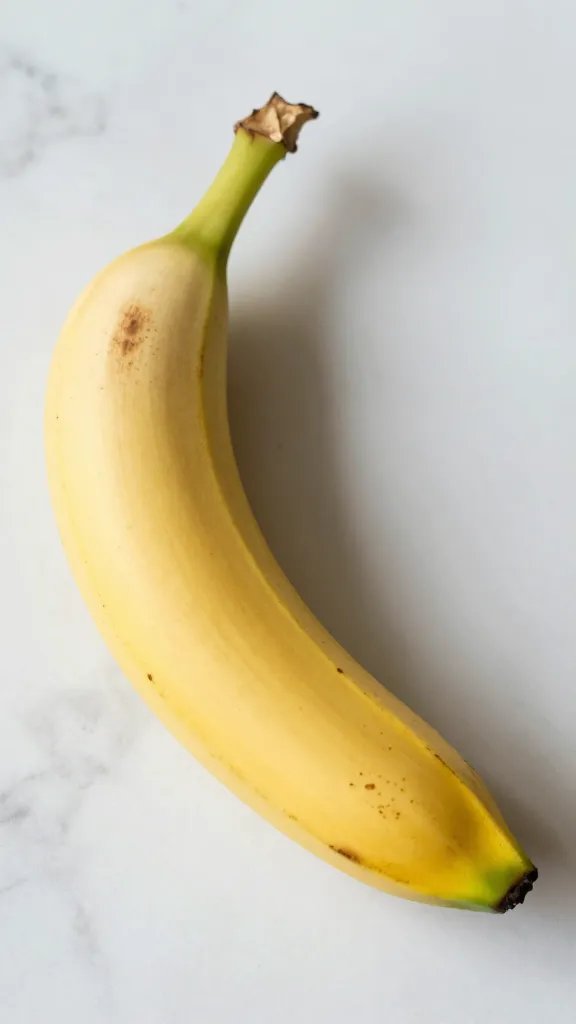 ripe freckled banana on white marble, soft natural light