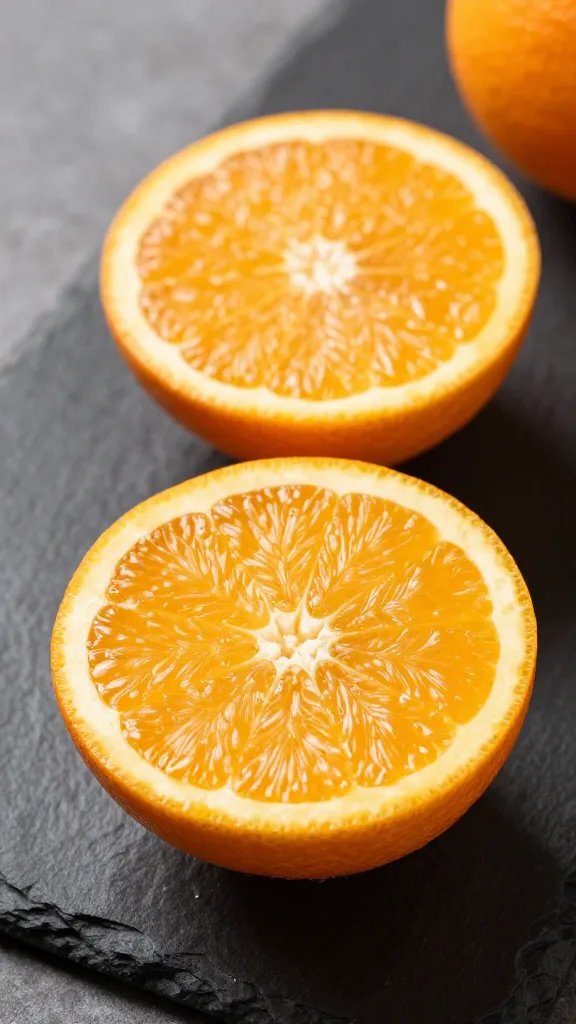 halved juicy navel orange on wet slate, macro shot