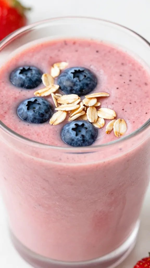 Closeup strawberry blueberry smoothie in clear glass, oat sprinkle