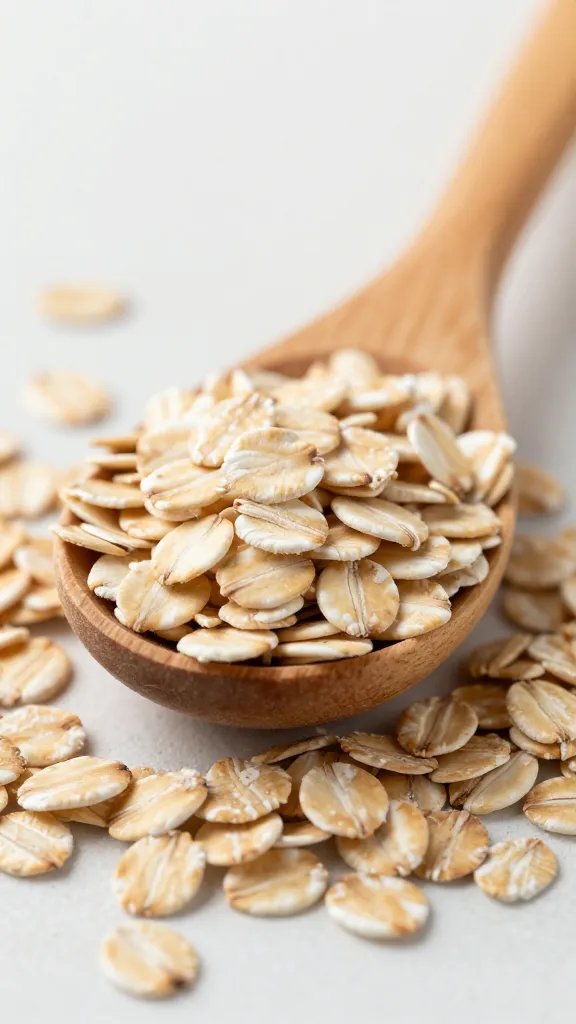Rolled oats in wooden spoon, soft natural light
