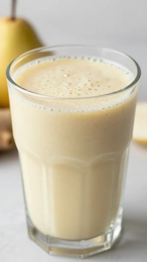 closeup pear ginger smoothie in clear glass, winter light