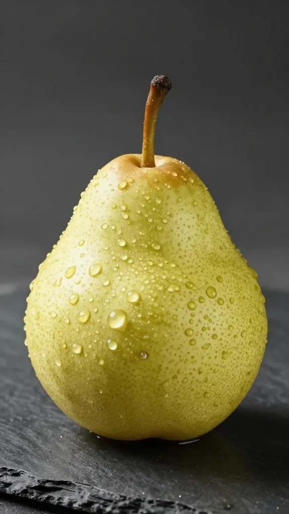 single ripe Bartlett pear with dewdrops, slate backdrop