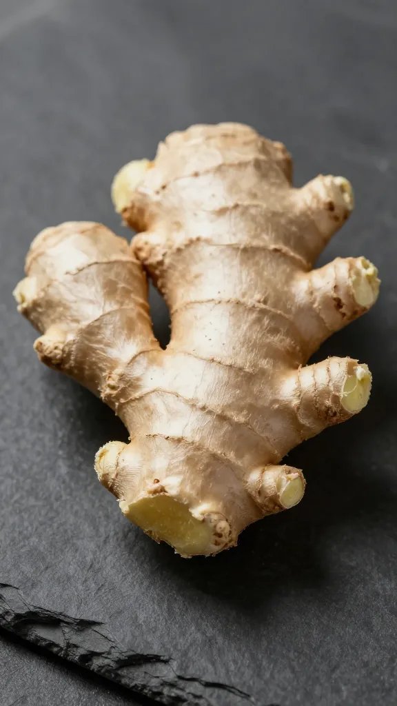 fresh ginger root closeup on dark stone, soft side light