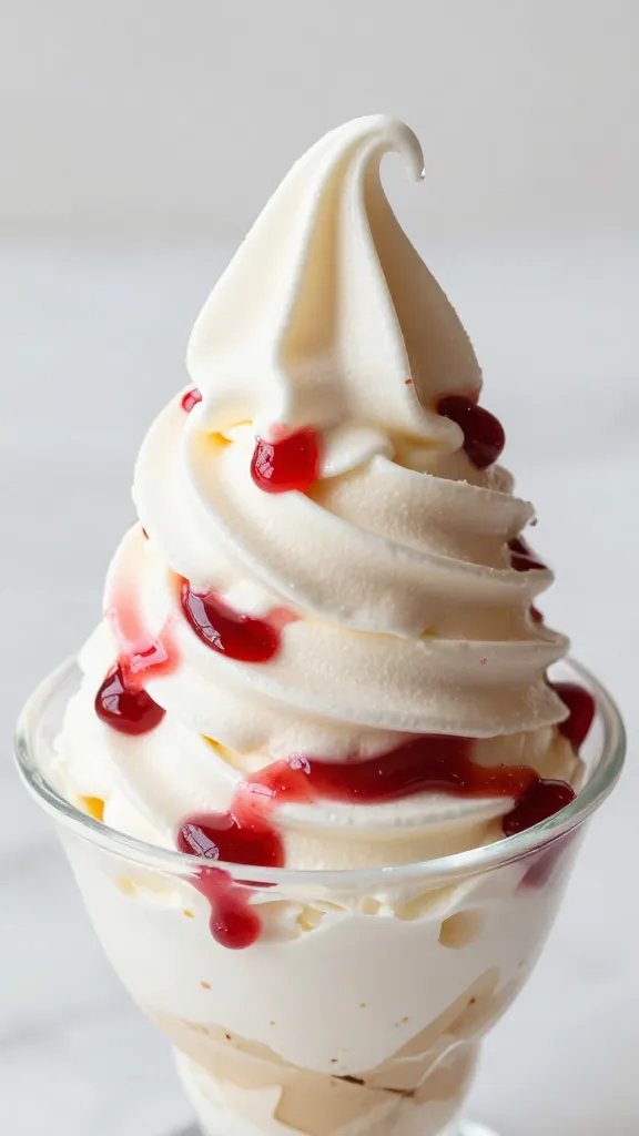 single scoop vanilla soft-serve swirl drizzled with cherry puree