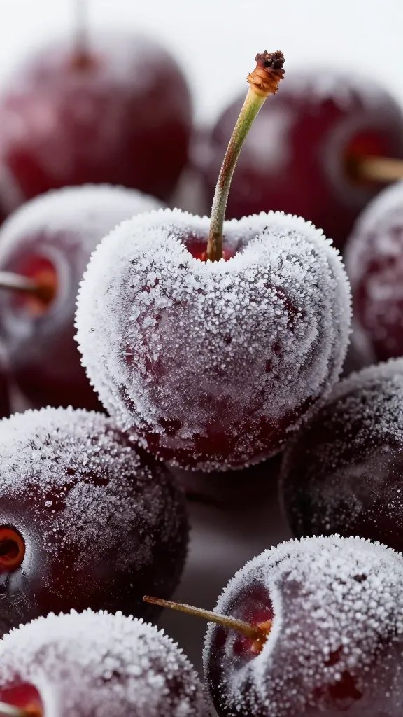 frozen dark cherries coated in frost, macro studio shot