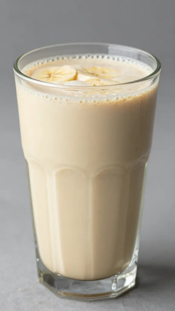 closeup of peanut butter banana smoothie in clear glass