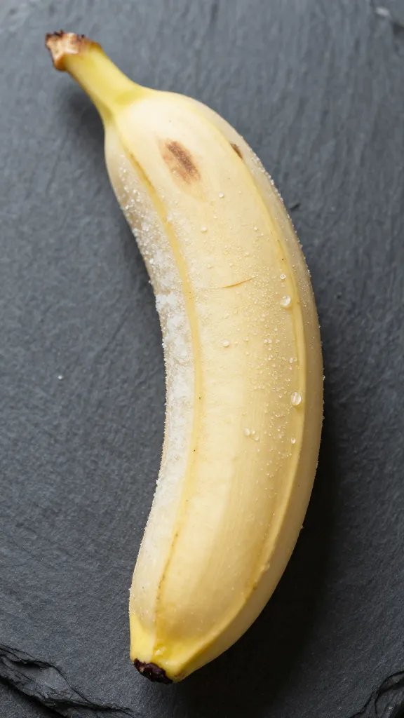 single ripe frozen banana with frost crystals on slate