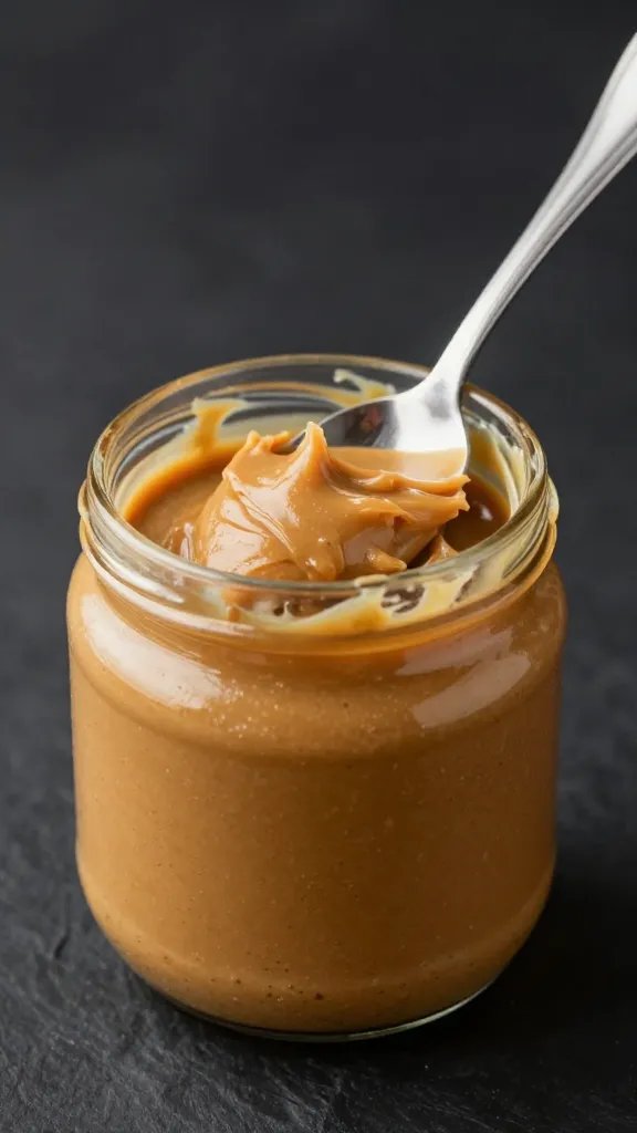 spoonful of natural peanut butter against matte black background