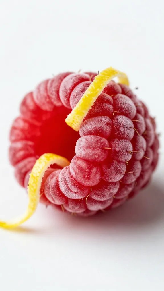 single frozen raspberries with lemon zest curls, macro shot