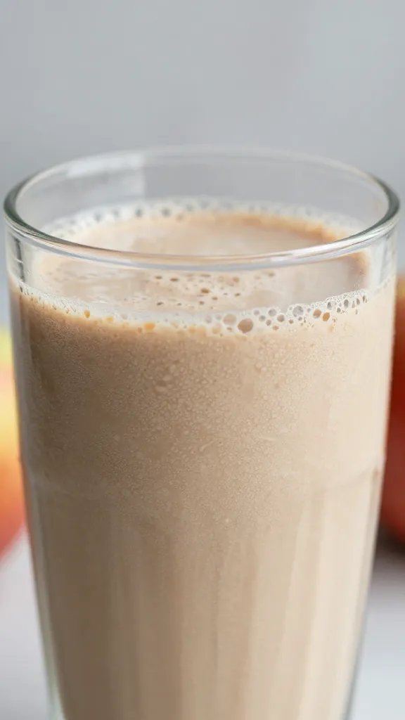 closeup cinnamon apple oat smoothie in clear glass, frosty condensation