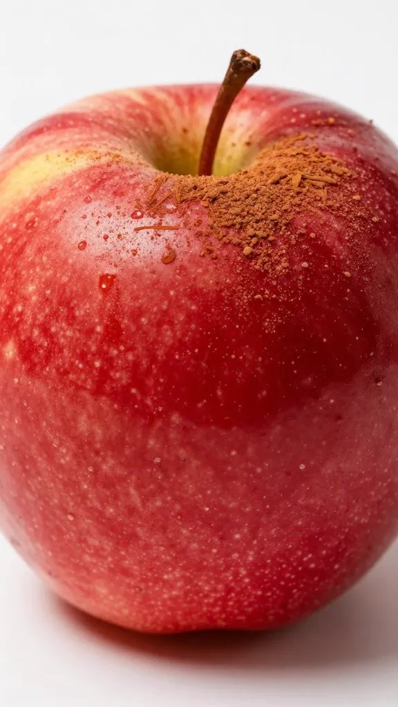 single red apple dusted with cinnamon, tight macro on skin