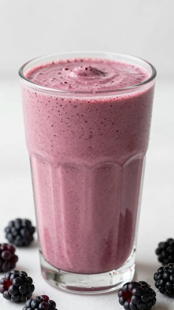 Thick blackberry banana smoothie in clear glass, frosty condensation