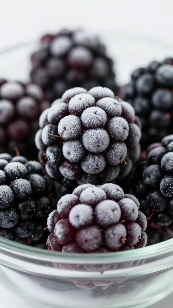 Frozen blackberries in frosted bowl, macro closeup