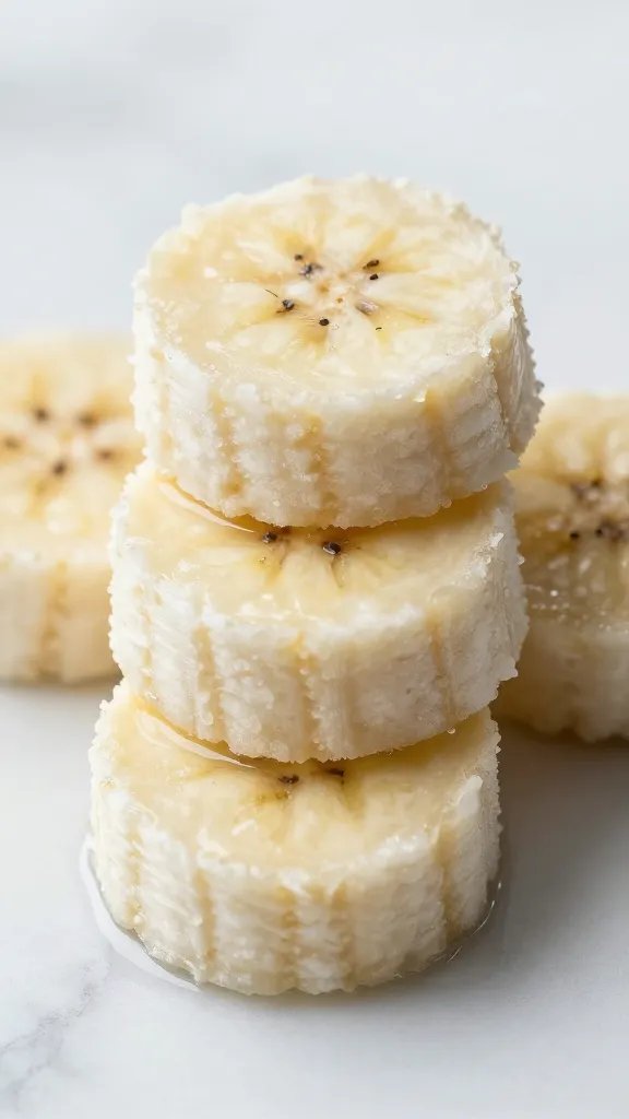 Frozen banana slices stacked on marble, tight closeup