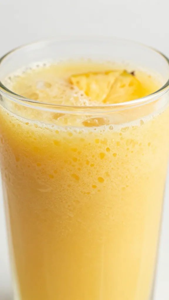 closeup pineapple orange smoothie in clear glass, frosty condensation