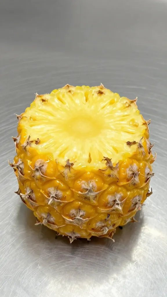 single frozen pineapple chunk on stainless countertop, macro detail