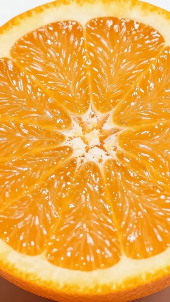halved ripe orange with glistening pulp, tight macro shot