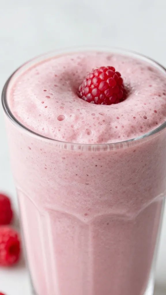 closeup raspberry vanilla smoothie in a clear tumbler, frosty