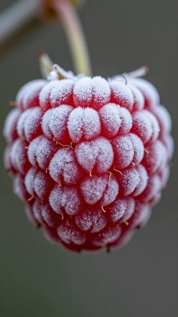 single frozen raspberry coated in frost, extreme macro