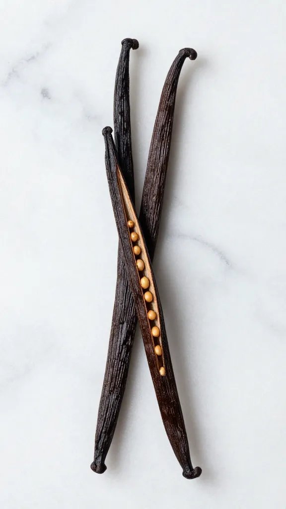 vanilla bean pod on marble, split open with visible seeds