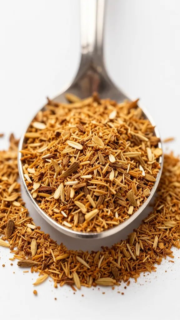 Silver spoon dusted with ground cardamom, extreme closeup