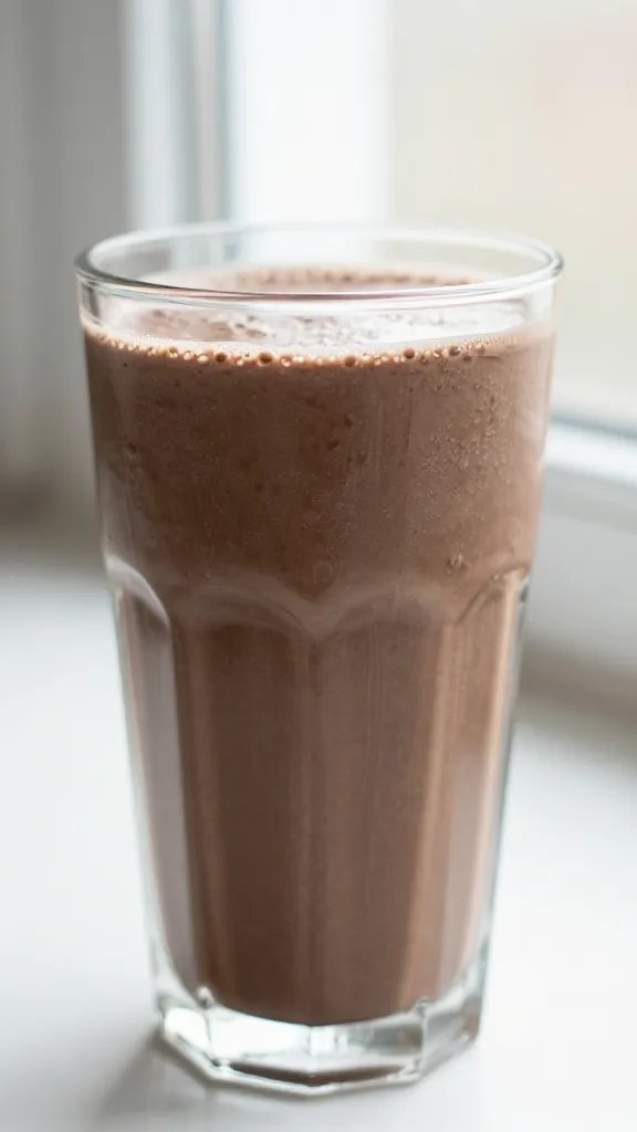 closeup chocolate date smoothie in clear glass, soft window light