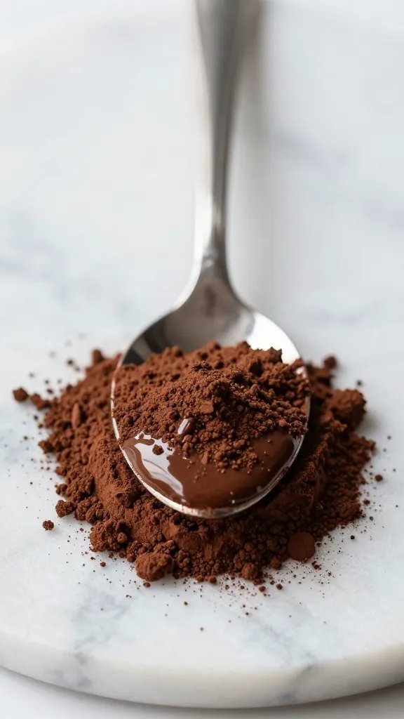 spoonful of glossy cocoa powder on marble, shallow depth