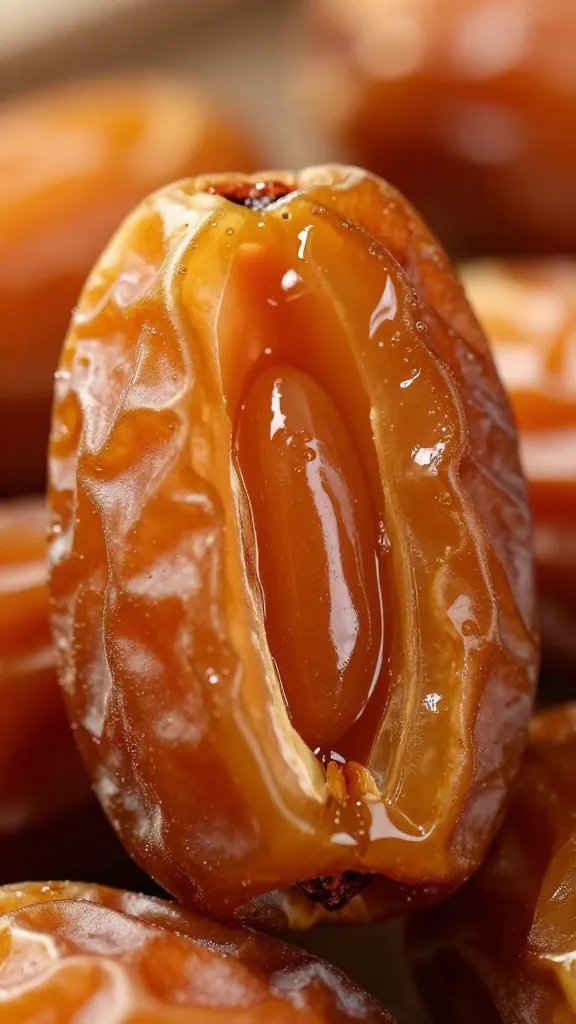single Medjool date split open, rich caramel interior, macro shot