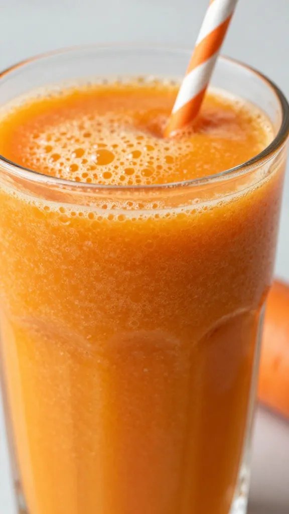 closeup apple carrot smoothie in clear glass, glowing orange