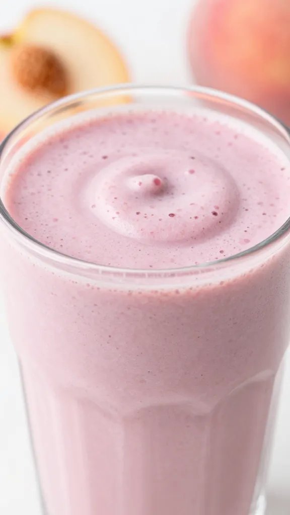 closeup blueberry peach smoothie in clear glass, soft creamy finish