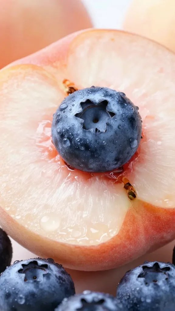 single ripe peach half with blueberries, dewy, macro detail