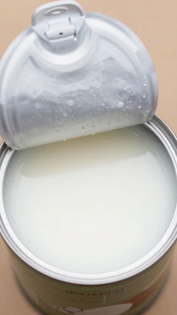 overhead close shot of coconut milk can, lid partially opened