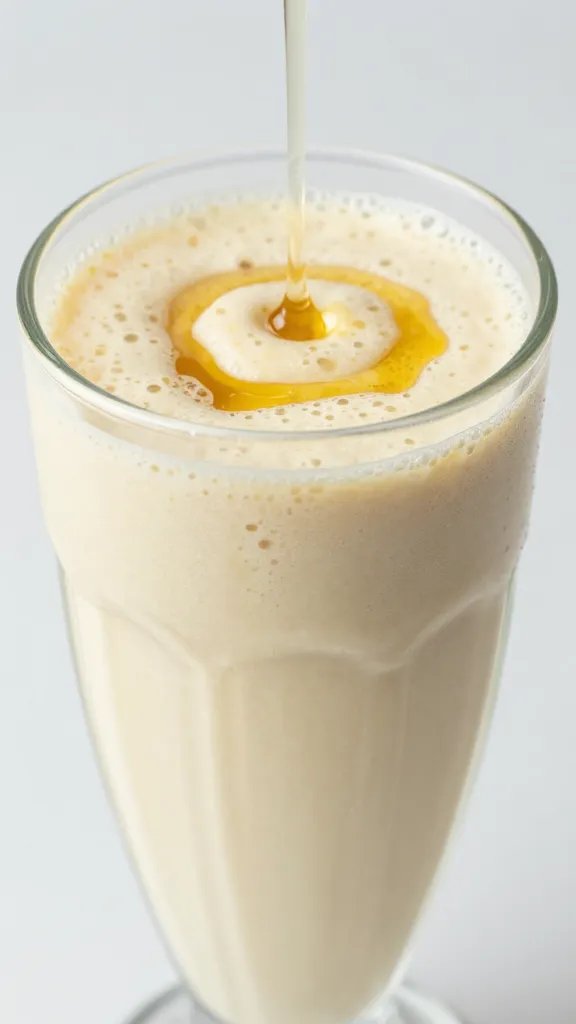 Closeup fig banana smoothie in clear glass, honey drizzle