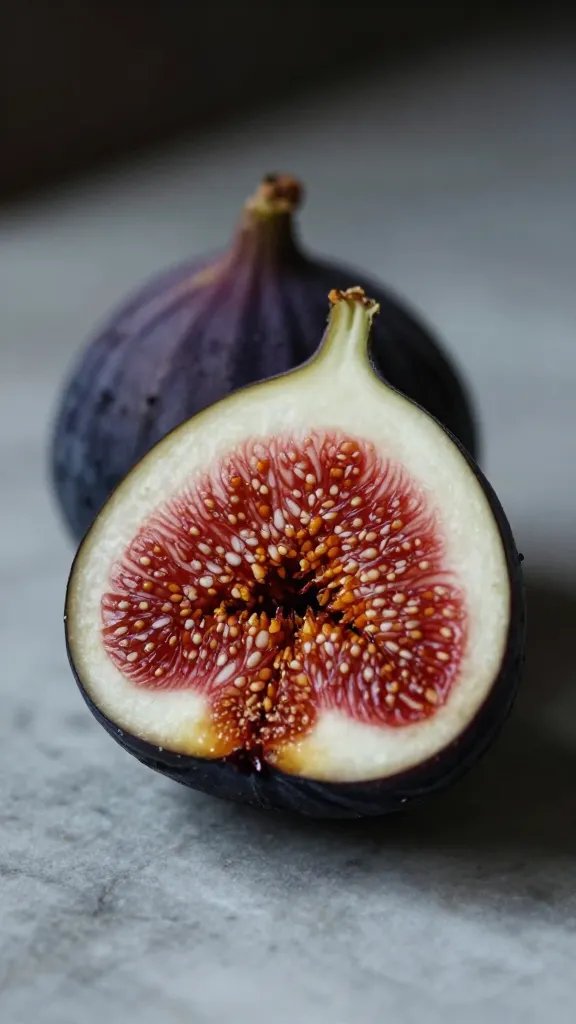 Single ripe fig half on marble, visible seeds, moody light