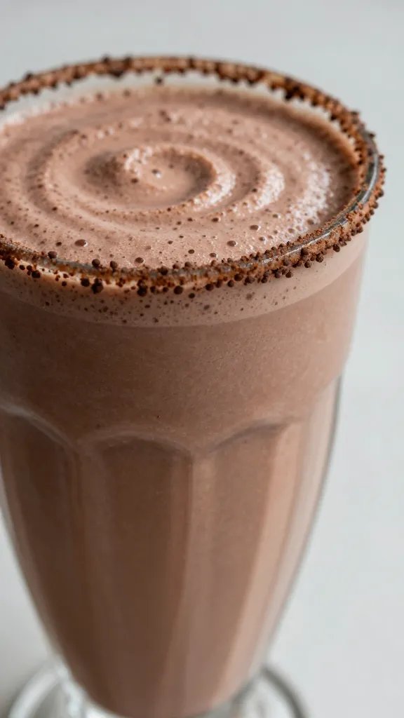 closeup chocolate strawberry smoothie in clear glass, cocoa-dusted rim