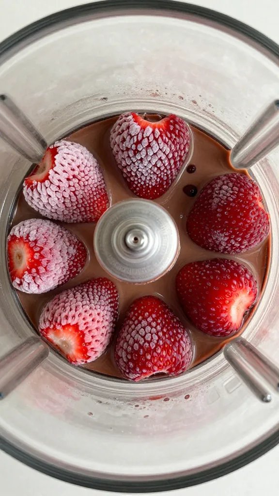 overhead frozen strawberries and cocoa in blender jar, close crop