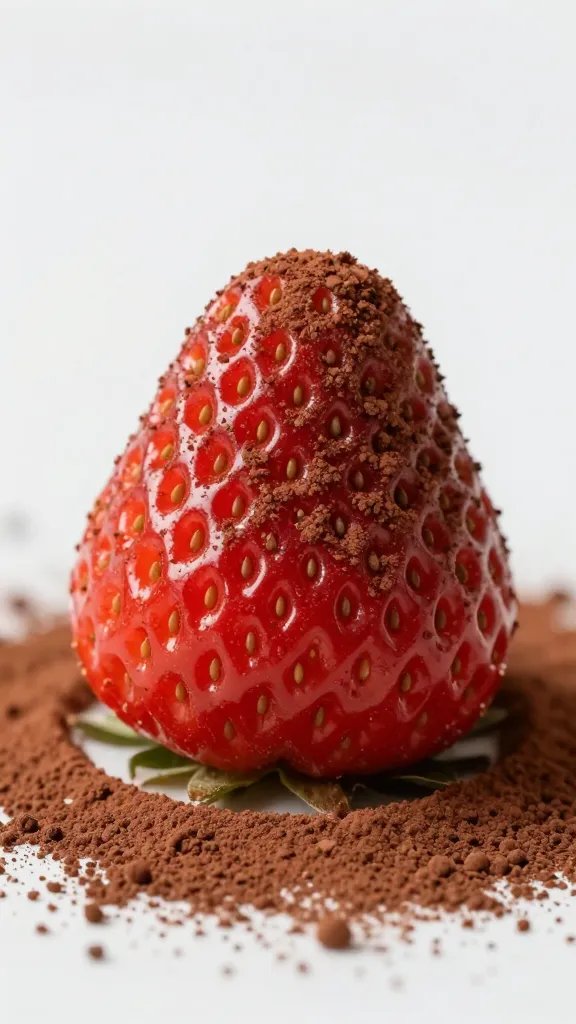 single ripe strawberry dipped in cocoa powder, macro shot