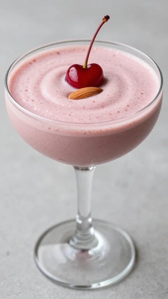closeup cherry almond smoothie in a clear coupe glass