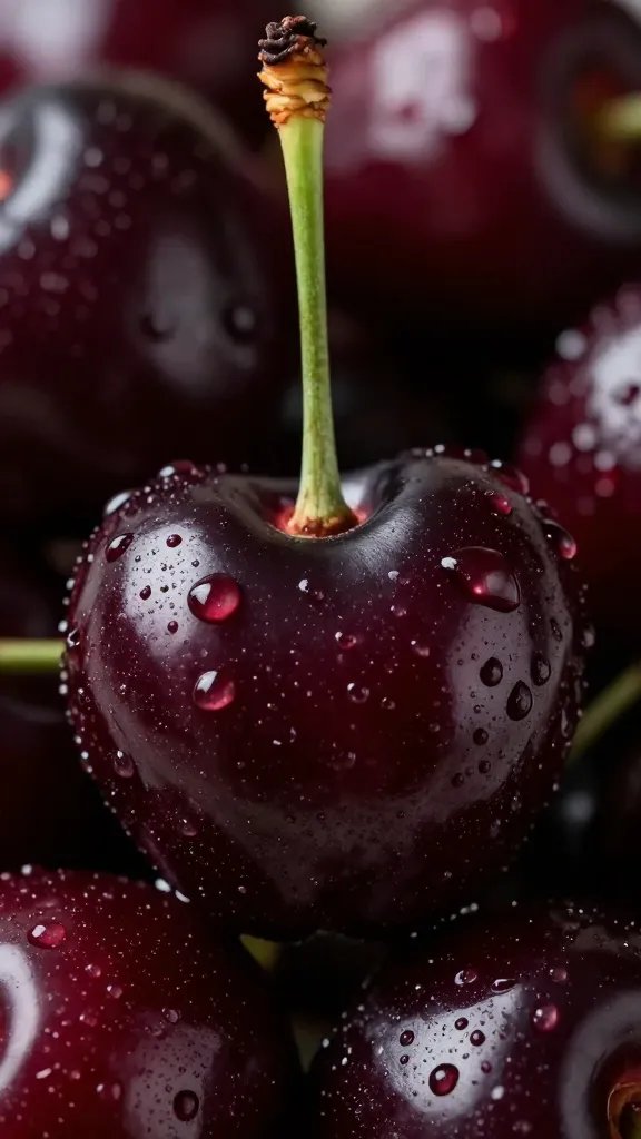 macro shot of fresh dark cherries with dewdrops
