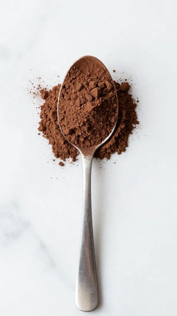 overhead spoonful of cacao powder on marble surface