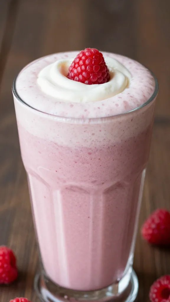 closeup raspberry vanilla smoothie in tall clear glass
