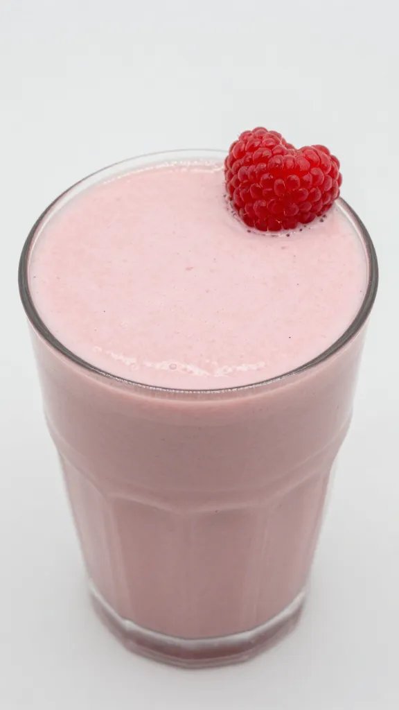 single heart-shaped raspberry garnish on smoothie rim