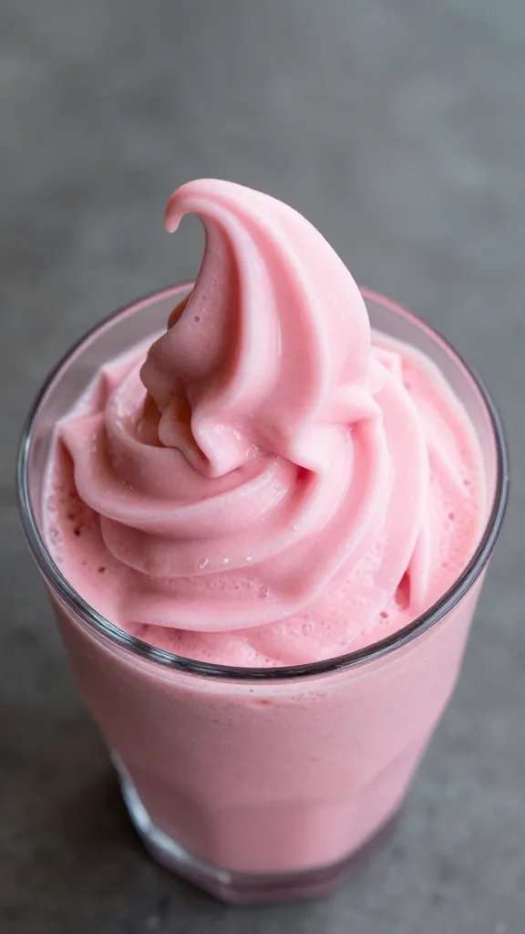 overhead shot of pink smoothie swirl in glass