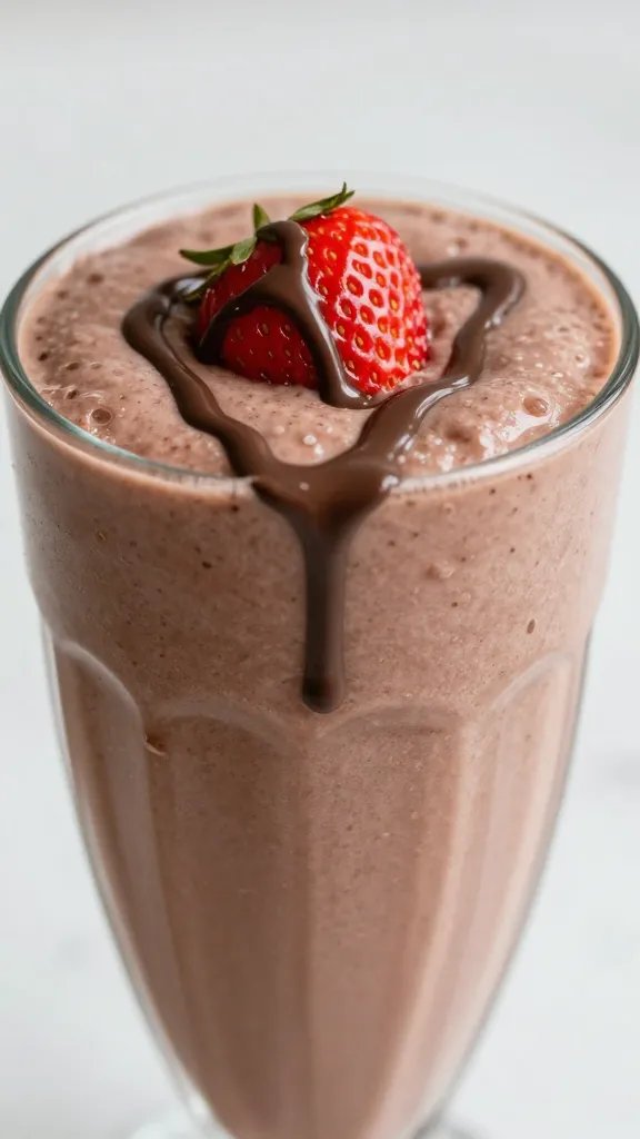 closeup strawberry chocolate smoothie in clear glass with drizzle